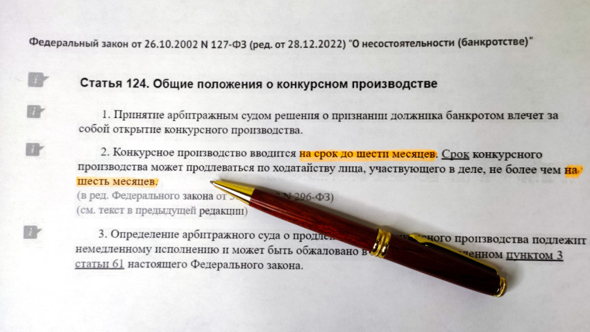 Текст закона о конкурсном производстве с ручкой и выделением