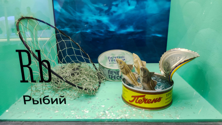 Экспозиция рыбной промышленности с консервами и рыболовной сетью