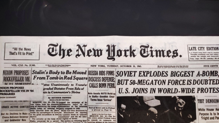 Заголовок The New York Times о крупнейшем ядерном взрыве СССР