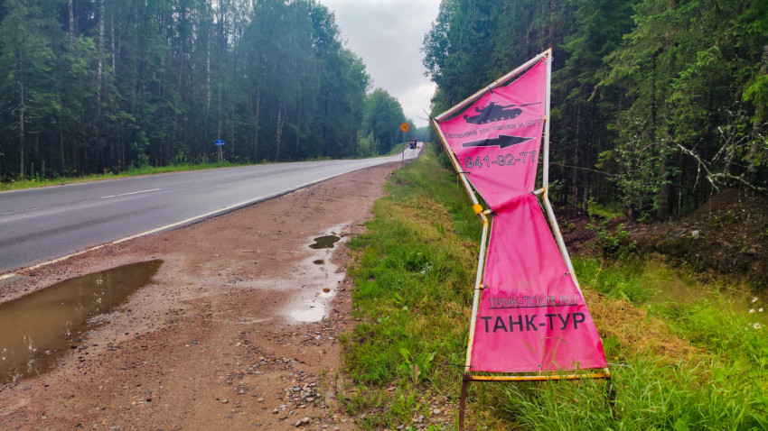 Порванный розовый баннер «ТАНК-ТУР» на обочине лесной трассы после дождя