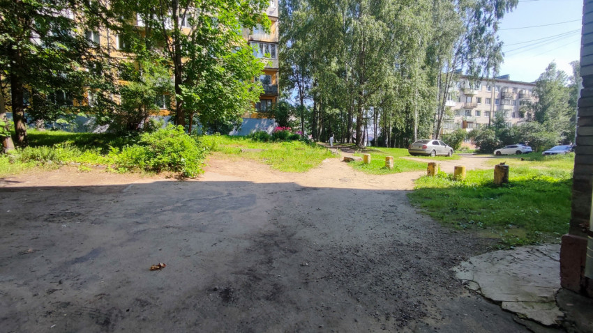 Двор с асфальтовой площадкой, грунтовыми тропами и берёзами между жилыми домами